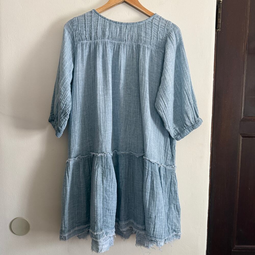 NATURAL LIFE | Light Blue Gauze Tiered Boho Swing Dress | Large